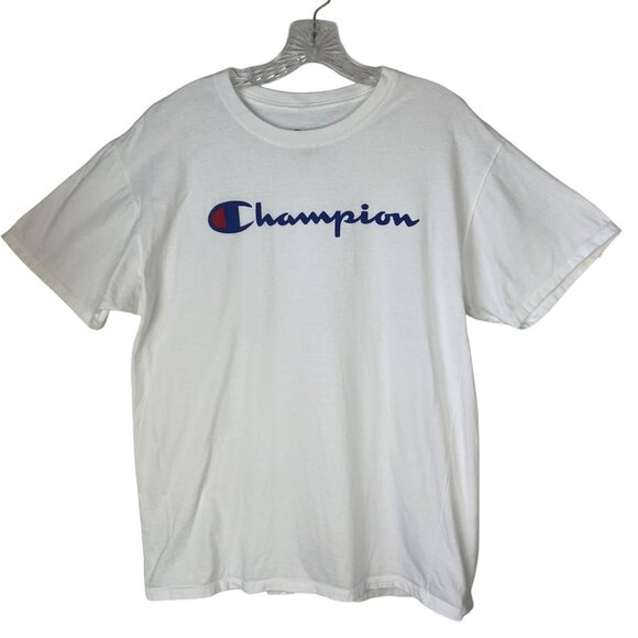 Champion Tshirt Mens Large White Short Sleeves Script Write Out - Picture 1 of 7